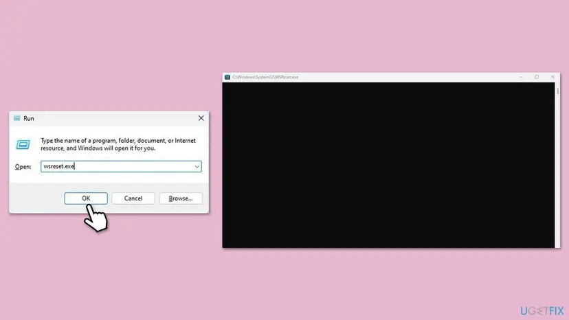 Run dialog on Windows 11 with wsreset.exe typed in the Open box next to the blank wsreset window that clears the Microsoft Store cache