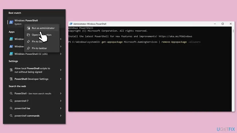 Windows PowerShell opened with Run as administrator from Start, with the command that removes the Microsoft.GamingServices package for all users