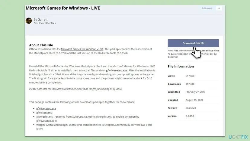PCGamingWiki Community download page for Microsoft Games for Windows - LIVE listing gfwlivesetup.exe, gfwlclient.msi, xliveredist.msi and redistributable version 3.5.95.0