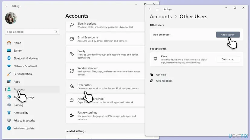 Windows 11 Settings, Accounts page with Other users selected and the Other Users page showing the Add account button