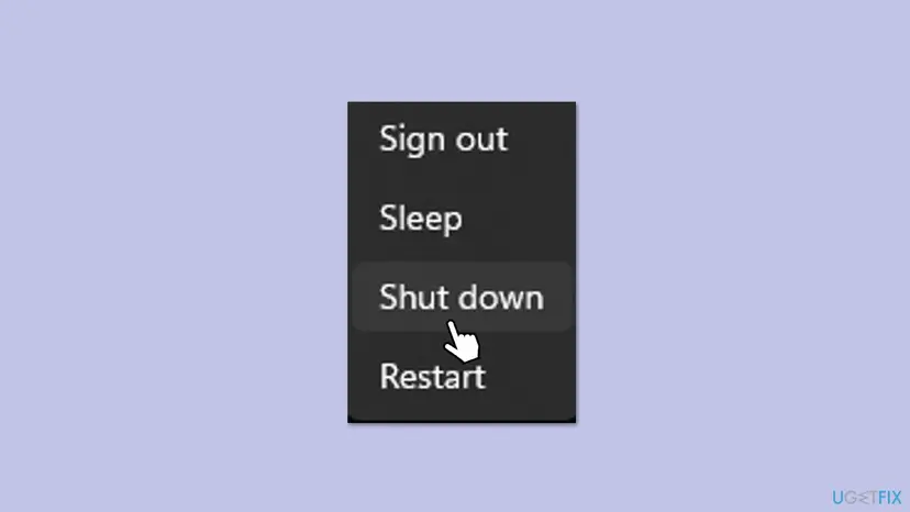 Windows 11 power menu with Sign out, Sleep, Shut down and Restart, opened from the Power icon