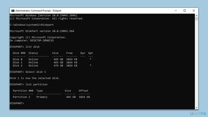 Administrator Command Prompt running DiskPart with list disk showing three disks and select disk 1 confirmed