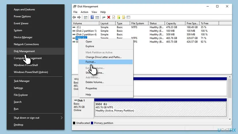 Win + X menu with Disk Management selected, and Disk Management with a drive's right-click menu open on Format