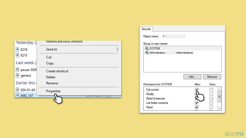 File Explorer context menu with Properties, next to the Security tab listing SYSTEM and Administrators with the Full control box under Allow