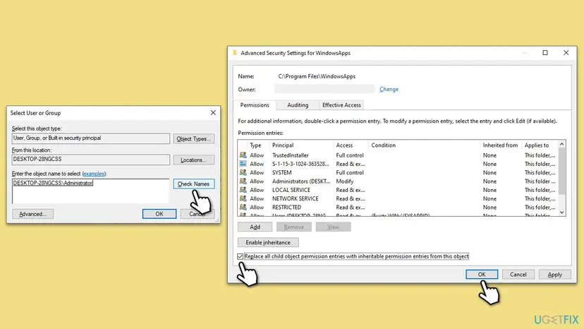 Advanced Security Settings window with the Owner Change link and the Select User or Group window where an account name is checked with Check Names
