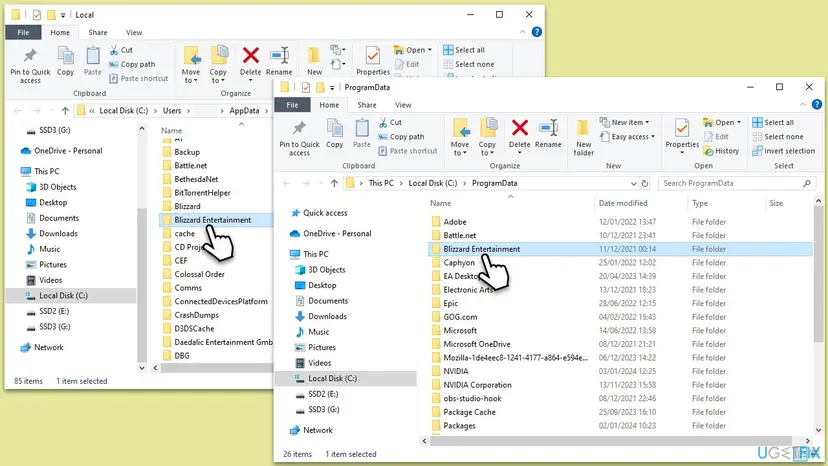 Two File Explorer windows on Windows 10 showing the Blizzard Entertainment folder in Local app data and in ProgramData, ready to be deleted