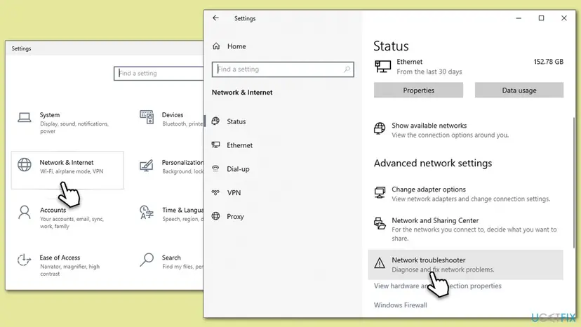 Windows 10 Settings window on the Network and Internet status page with the Network troubleshooter option highlighted