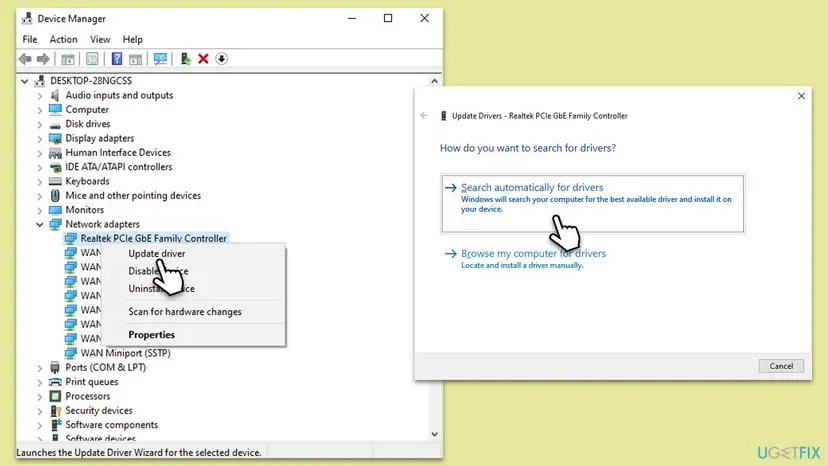 Windows 10 Device Manager with Network adapters expanded and the Update Drivers window offering Search automatically for drivers
