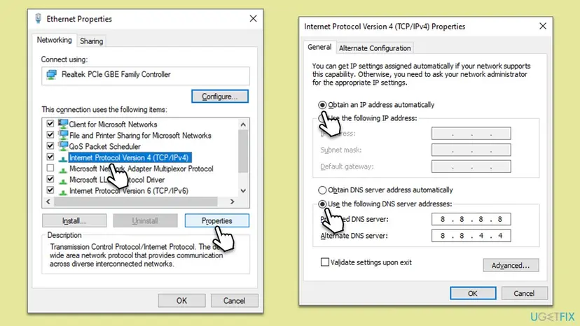 Ethernet Properties next to the Internet Protocol Version 4 Properties window with Use the following DNS server addresses set to 8.8.8.8 and 8.8.4.4