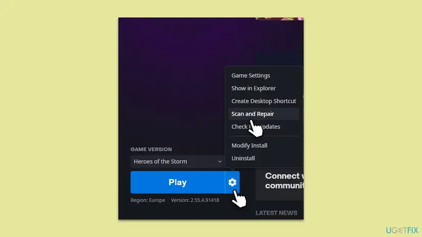 Battle.net app with the cogwheel menu next to the Play button open and the Scan and Repair option highlighted