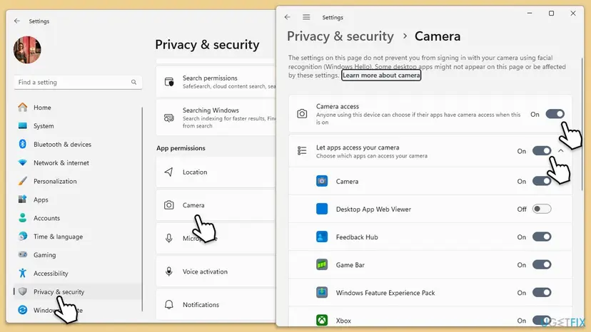 Windows 11 Settings at Privacy and security, Camera with Camera access and Let apps access your camera turned on and the app list below