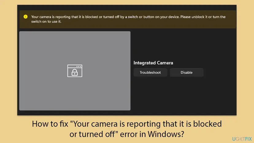 Windows 11 camera settings page for Integrated Camera with the yellow message that the camera is blocked or turned off by a switch or button, a grey preview with a lock and the Troubleshoot and Disable buttons