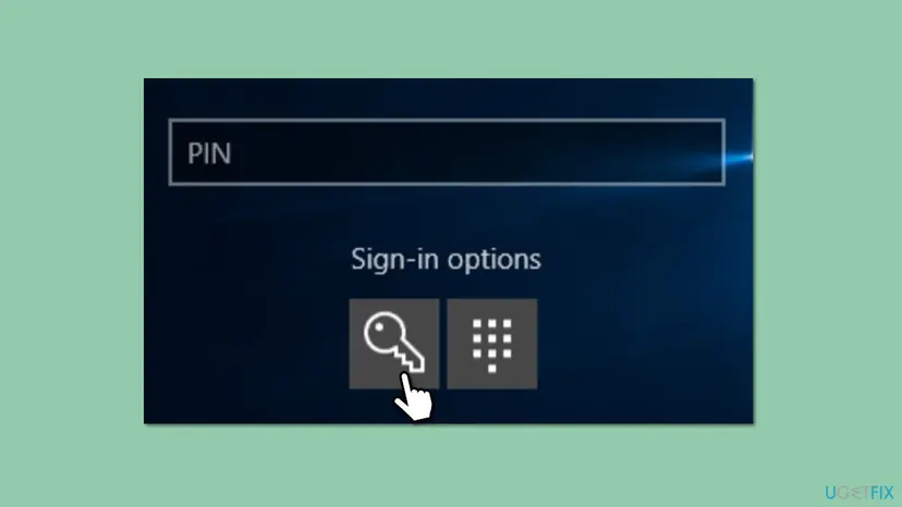 Windows 10 sign-in screen with the PIN box, the Sign-in options label and the key icon for password sign-in next to the PIN keypad icon