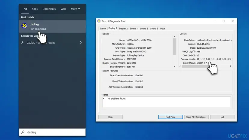DirectX Diagnostic Tool on the Display 1 tab with an NVIDIA GeForce RTX 3060, Direct3D DDI 12 and Feature Levels 12_1, 12_0, 11_1, 11_0 in the Drivers box