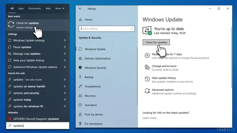Windows 10 search for updates next to the Windows Update page in Settings with the Check for updates button
