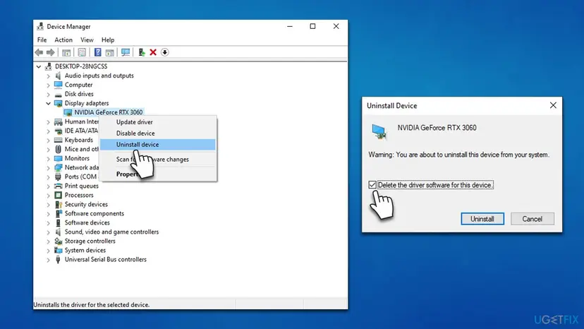 Device Manager with Display adapters expanded, Uninstall device chosen for an NVIDIA GeForce RTX 3060, and the Delete the driver software for this device box ticked
