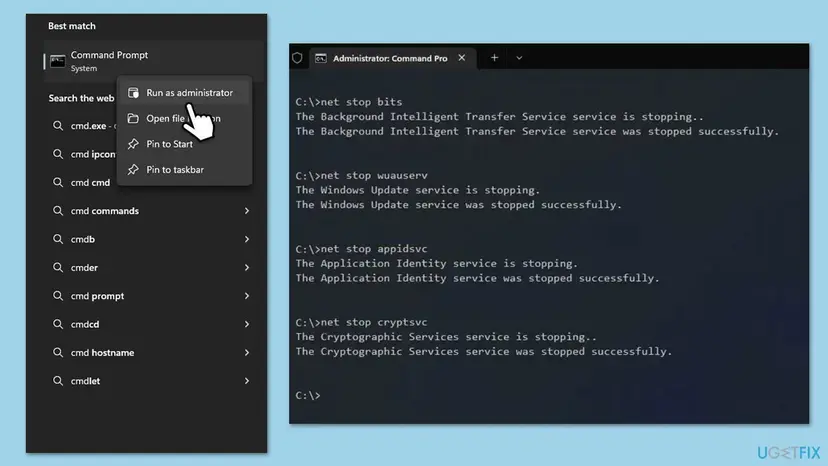 Command Prompt opened with Run as administrator, showing net stop bits, wuauserv, appidsvc and cryptsvc with each service stopped successfully