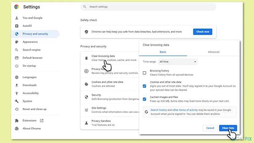 Chrome Settings Clear browsing data dialog with the time range, the three data types and the Clear data button