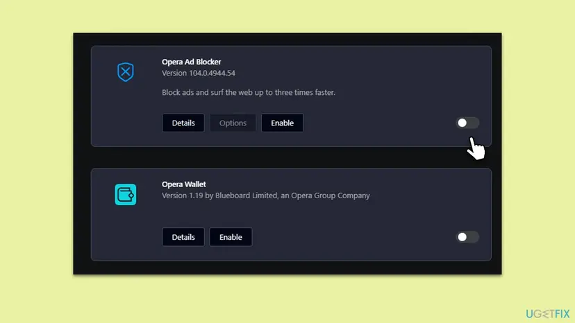 Opera extension settings with the Opera Ad Blocker toggle switched off