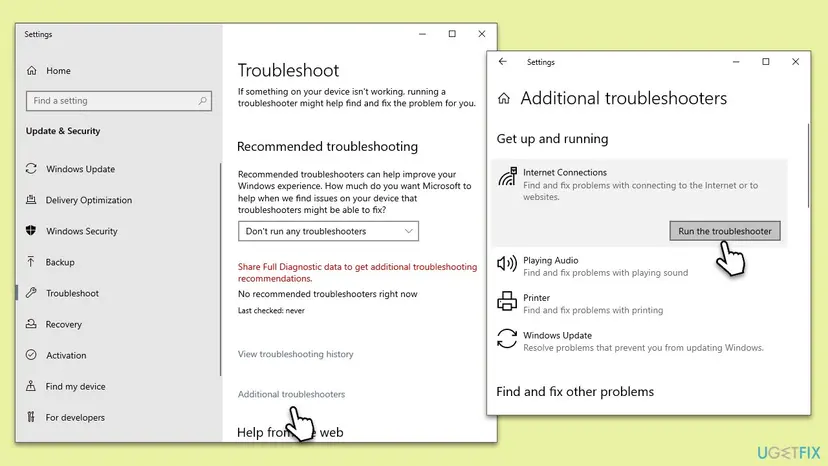 Windows 10 Troubleshoot page with Additional troubleshooters opened and Run the troubleshooter under Internet Connections