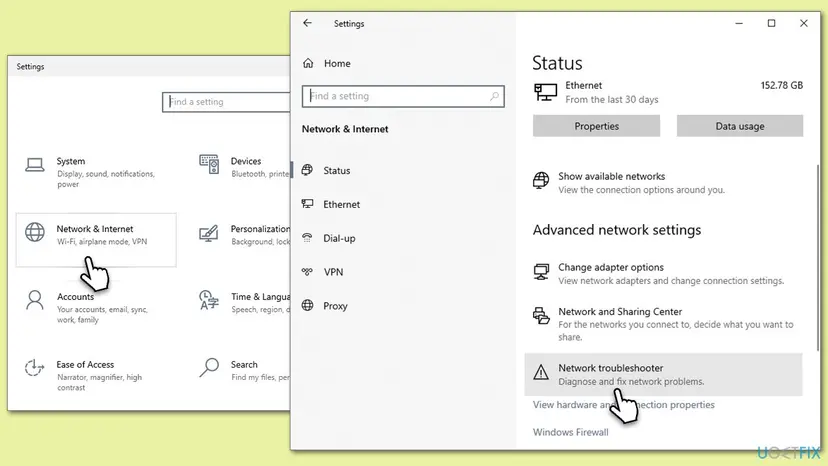 Windows 10 Settings window with Network and Internet selected and the Network troubleshooter button under Status