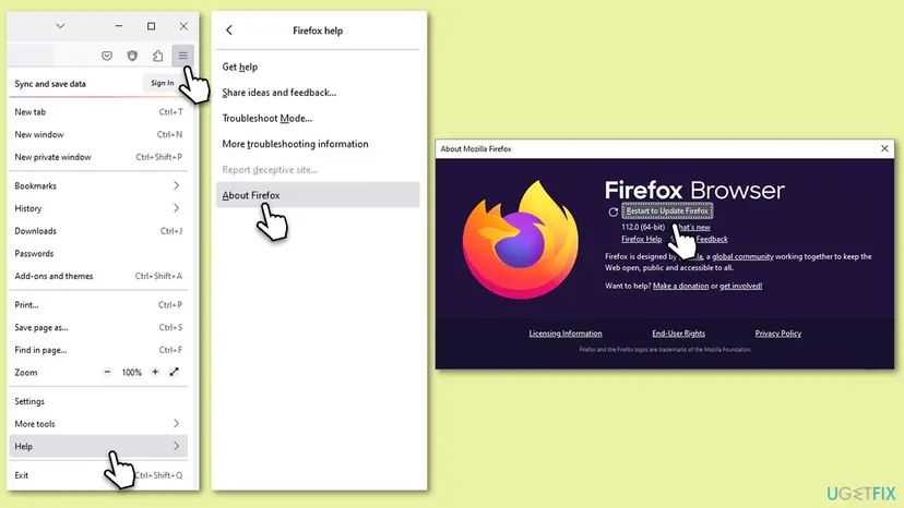 Firefox menu opened to Help and About Firefox, with the update check and the Restart to update Firefox button