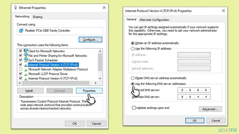 Ethernet Properties and Internet Protocol Version 4 Properties windows with the preferred and alternate DNS server fields filled in