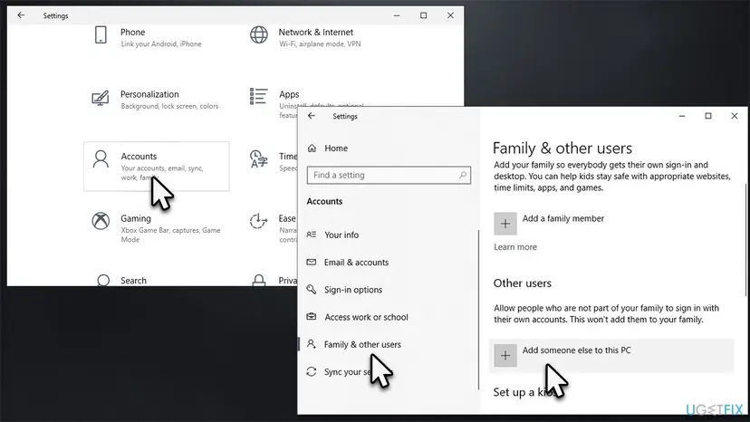 Windows 10 Settings with Accounts selected and the Family and other users page showing Add someone else to this PC under Other users