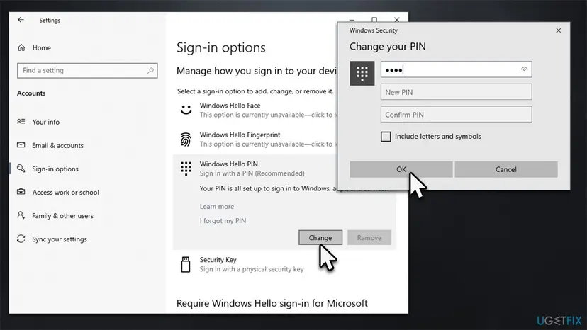 Windows 10 Settings, Sign-in options with Windows Hello PIN expanded, the links I forgot my PIN, the Change and greyed Remove buttons, and the Change your PIN dialog