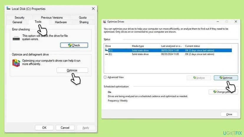 Local Disk Properties Tools tab next to the Optimize Drives window with the Optimize button