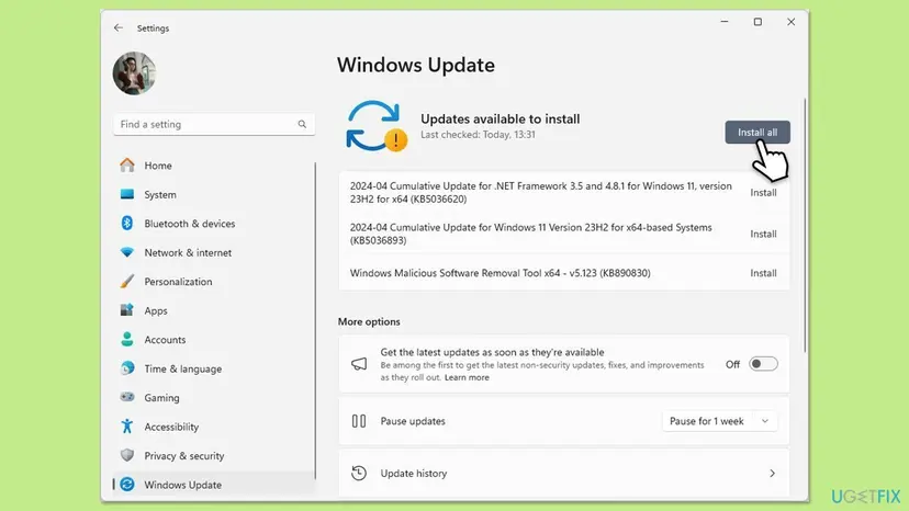 Windows Update settings page with available updates and an Install all button