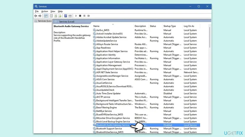 Services window with Bluetooth Audio Gateway Service selected, its startup type Disabled and its description about the audio gateway role of the Handsfree Profile