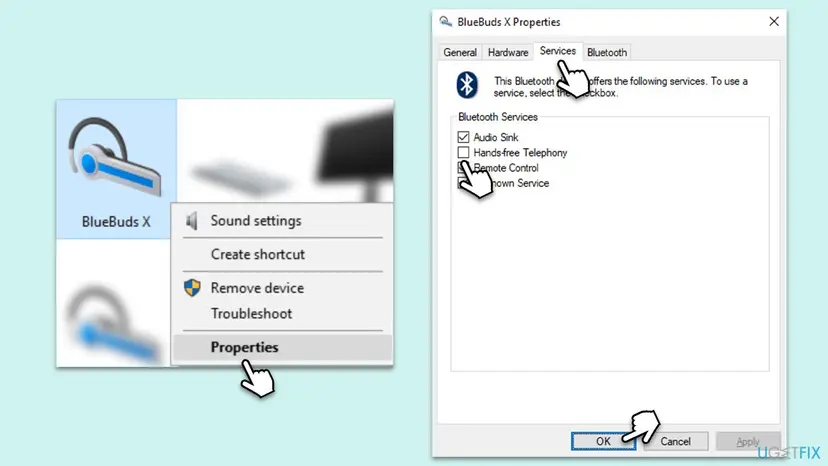 Devices and Printers with a Bluetooth headset right-clicked and Properties chosen, and the Services tab with Hands-free Telephony unticked and Audio Sink ticked