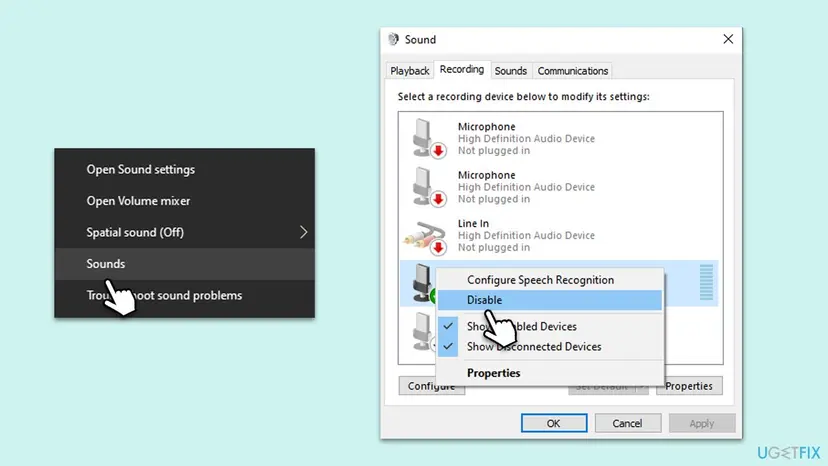 Sound window on the Recording tab with a headset microphone right-clicked and Disable highlighted, next to the speaker icon menu with Sounds selected