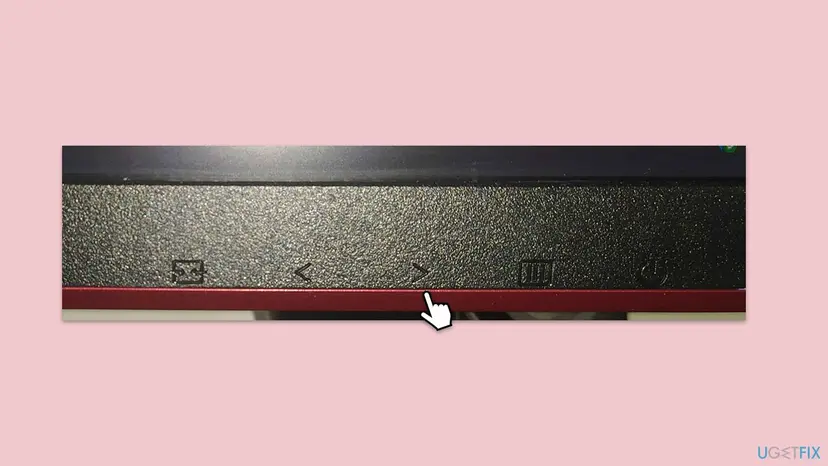 Photo of the bottom edge of a monitor with five touch buttons, with a hand pointer on the right arrow button in the middle of the row