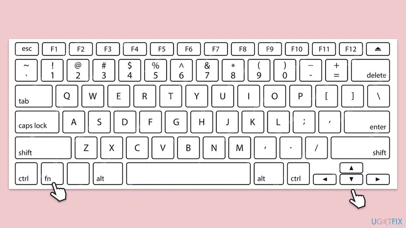 Drawing of a laptop keyboard with hand pointers on the fn key in the bottom left corner and on the down arrow key in the bottom right corner