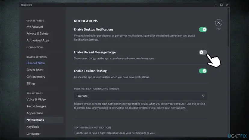 Discord Notifications settings with Enable Unread Message Badge switched off, between Enable Desktop Notifications and Enable Taskbar Flashing