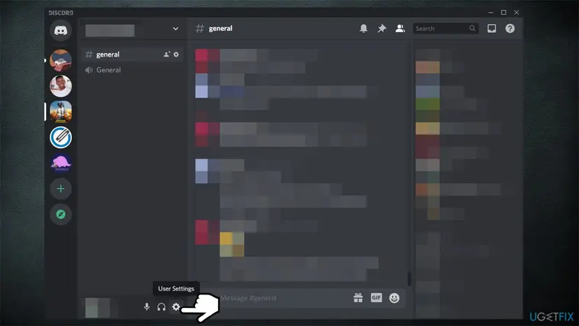 Discord desktop app on Windows with the User Settings gear icon highlighted at the bottom left next to the microphone and headset buttons