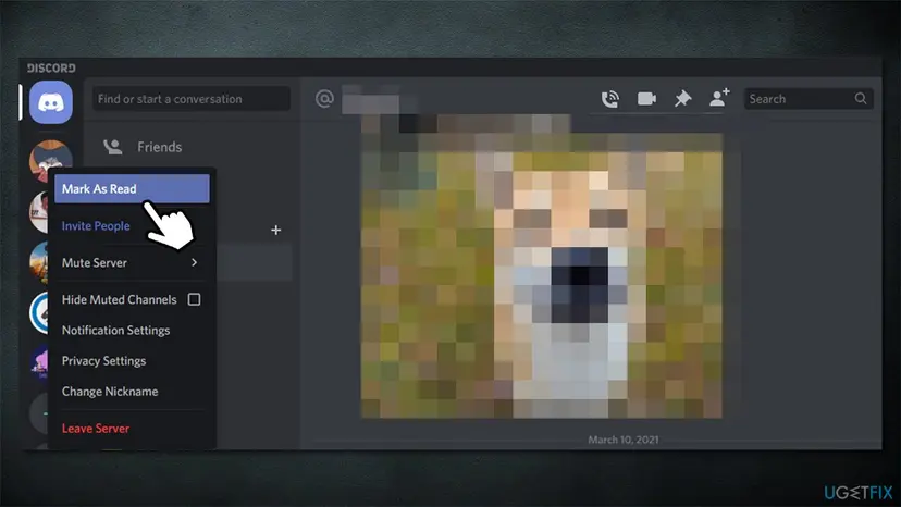 Discord server list with a right-click menu open on a server icon and Mark As Read highlighted above Invite People and Mute Server