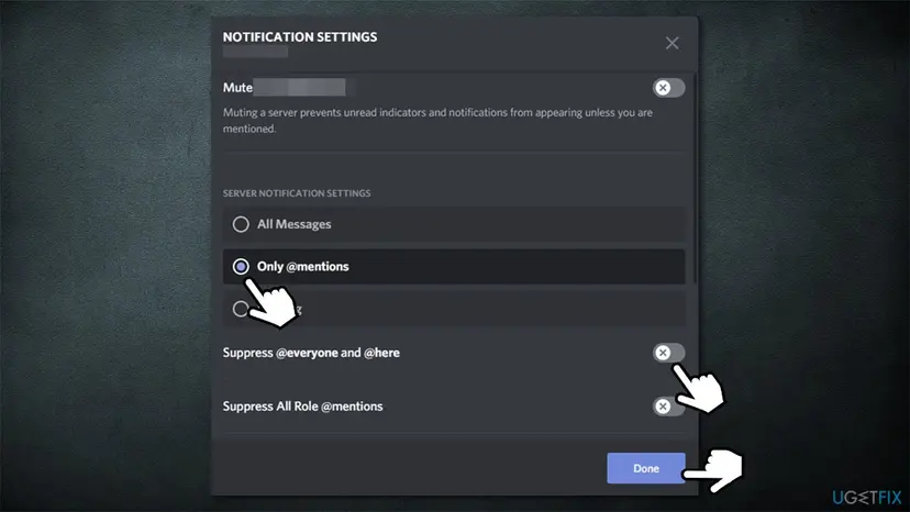 Discord server Notification Settings with Only @mentions selected and the Suppress @everyone and @here and Suppress All Role @mentions switches
