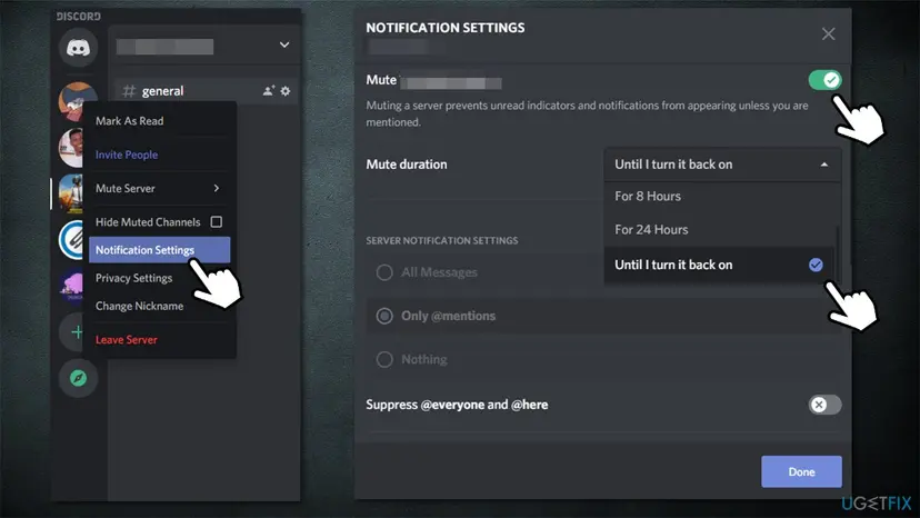 Discord server menu with Notification Settings selected and the Notification Settings window showing the Mute switch on and the Mute duration list open