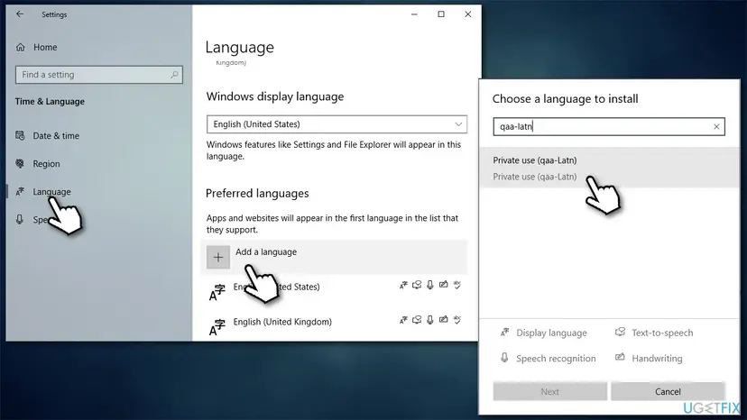 Windows 10 Language settings with Add a language selected and the search box showing Private use (qaa-Latn) as the result