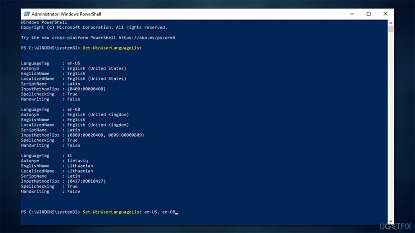 Administrator PowerShell window showing the Get-WinUserLanguageList output and the Set-WinUserLanguageList en-US, en-GB command