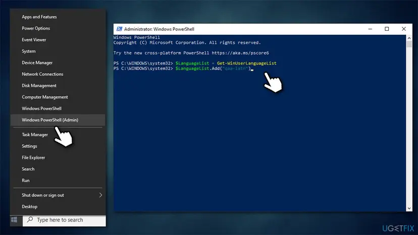 Windows 10 Start button menu with Windows PowerShell (Admin) and a PowerShell window adding qaa-latn to the language list