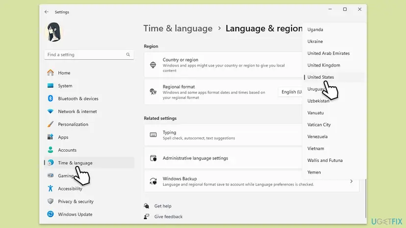 Windows 11 Settings on Time and language, Language and region, with the Country or region list open and United States selected