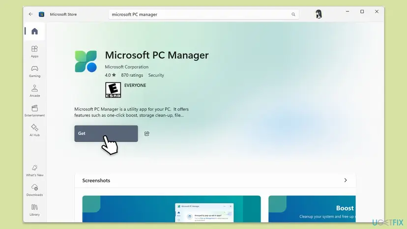 Microsoft Store app on Windows 11 with the Microsoft PC Manager page by Microsoft Corporation open and the Get button selected