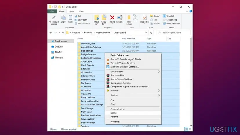 File Explorer at AppData Roaming Opera Software Opera Stable with all profile folders selected and the right-click menu showing Delete