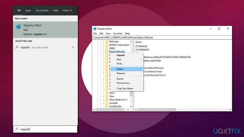 Registry Editor at HKEY_CURRENT_USER Software Opera Software with the right-click menu open and Delete highlighted, next to the regedit search in Start