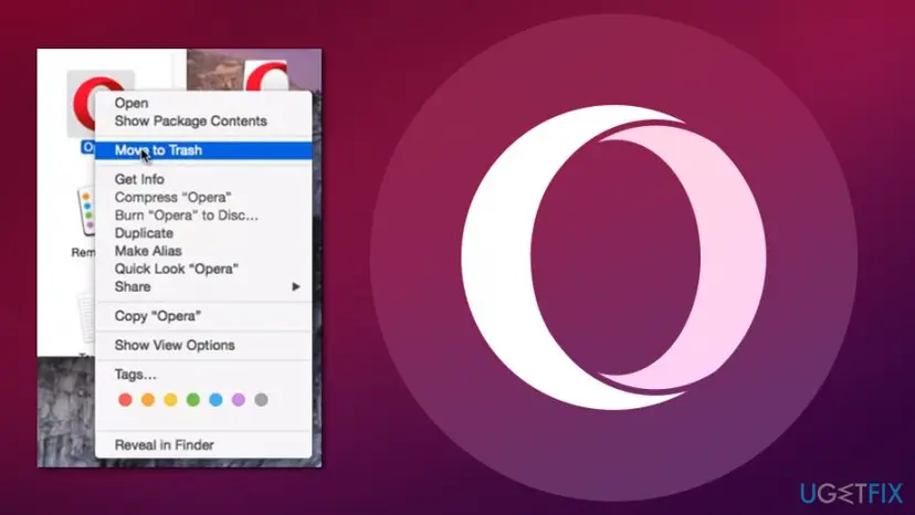 macOS Finder right-click menu on the Opera app in Applications with Move to Trash highlighted