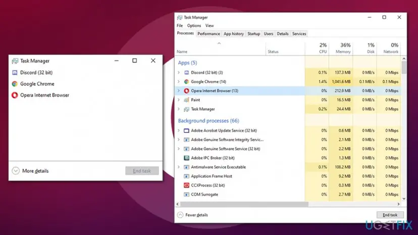 Windows 10 Task Manager in the small view and in the More details view, with Opera Internet Browser selected and the End task button